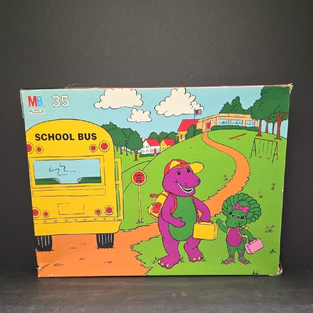 Vintage Milton Bradley 35 Piece Barney Floor Puzzle School Bus‎ COMPLETE
